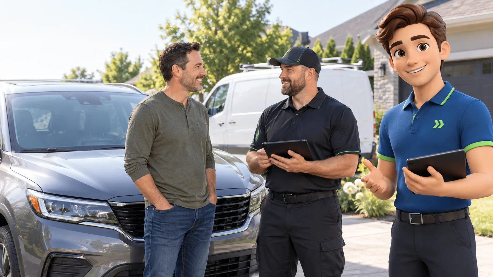 Clark with an independent mobile auto glass business owner and customer in a bright residential driveway