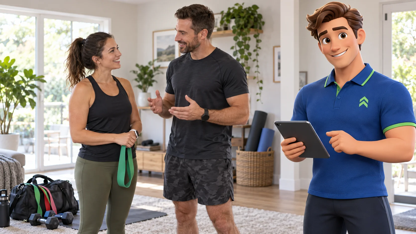 Clark with an independent mobile personal training business owner and customer in a bright spacious residential home workout room