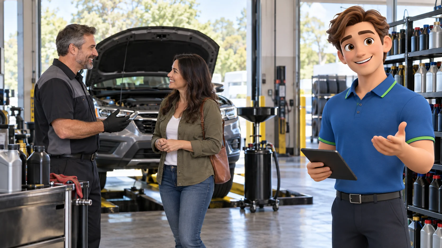 Clark with an oil change shop owner and customer beside a vehicle in a bright maintenance lane