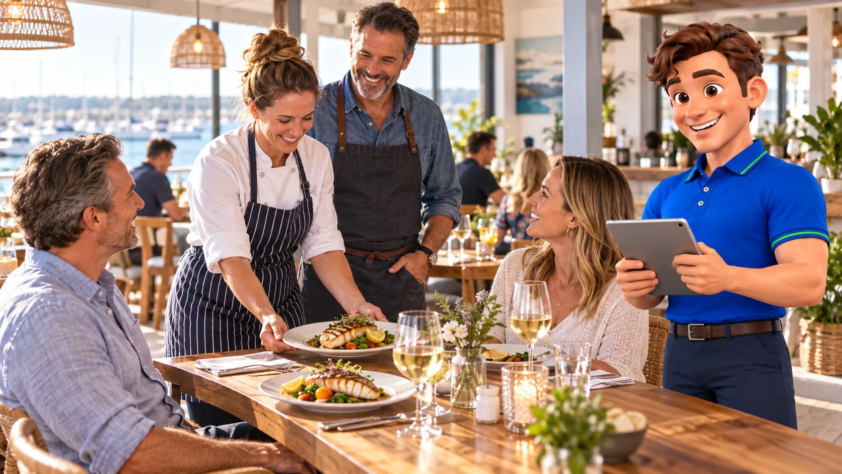 Clark with restaurant staff and guests at restaurant concept premises