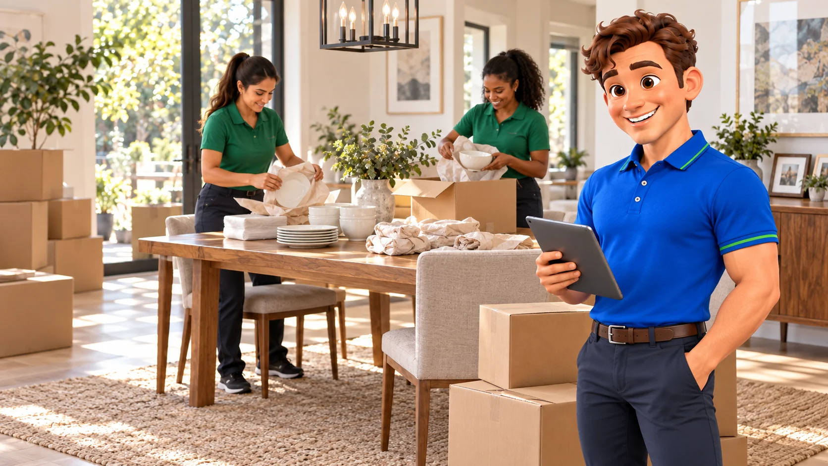 Clark with packing professionals wrapping dishes at a residential dining table