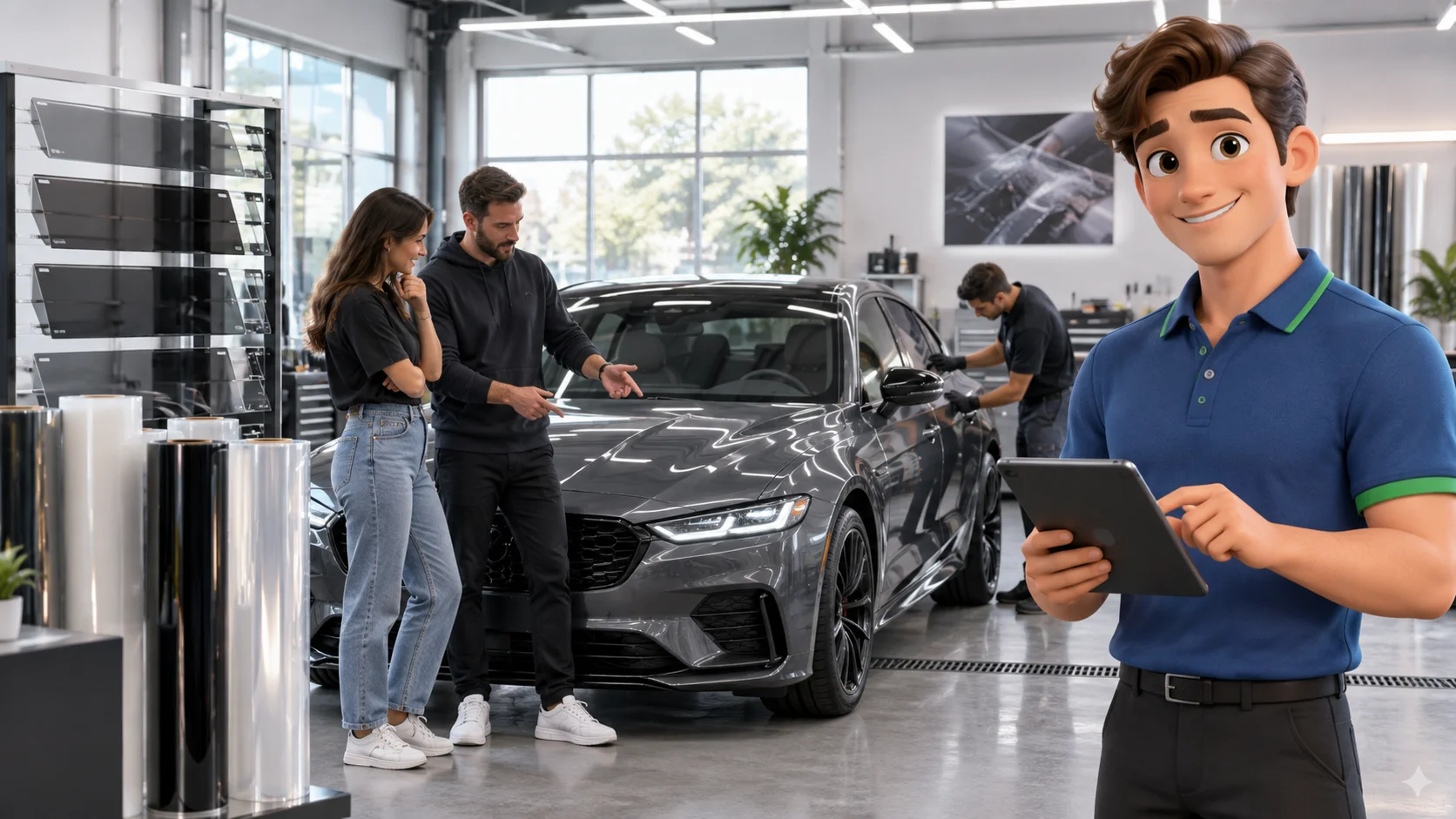 Clark with an automotive film studio owner and customer beside a car with tint and clear film samples in a bright clean installation studio
