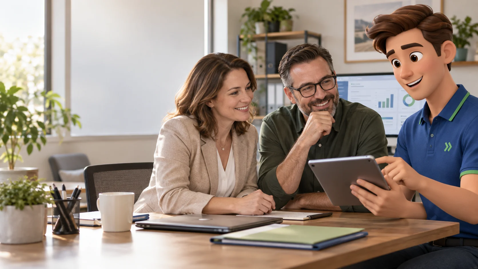 Clark with an independent payroll services business owner and customer in a professional payroll services office with real owner and small business client talking at desk
