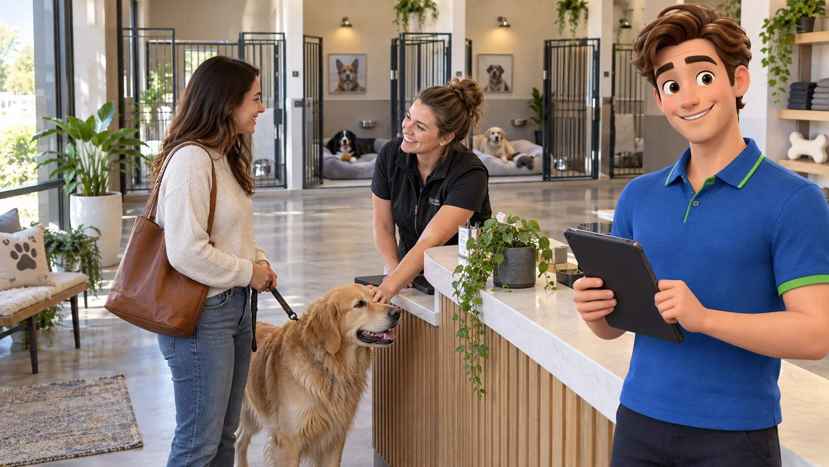 Clark with a boarding facility owner and customer beside a calm dog in bright pet boarding reception with comfortable suites behind