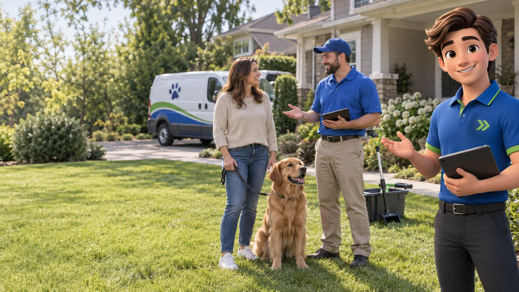 Clark with an independent pet waste removal business owner and customer in a pleasant suburban garden with real uniformed outdoor pet cleanup company owner discussing service with real homeowner and calm dog
