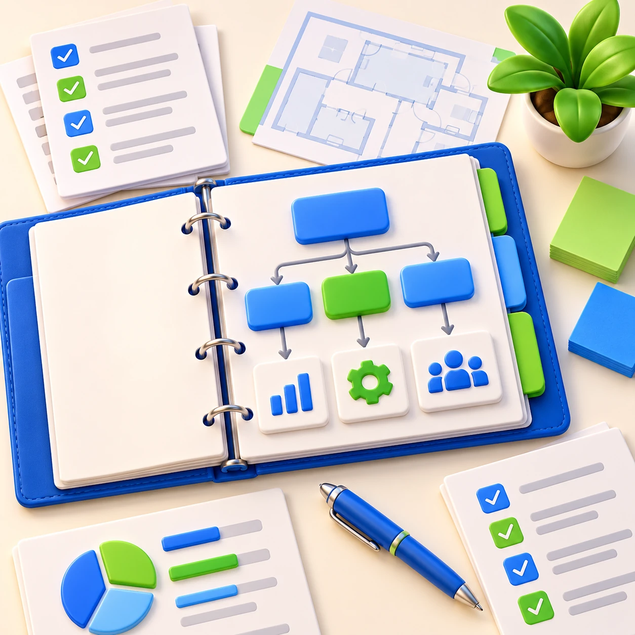 3D illustration of an overhead franchise planning workspace with operating standards and an organized binder