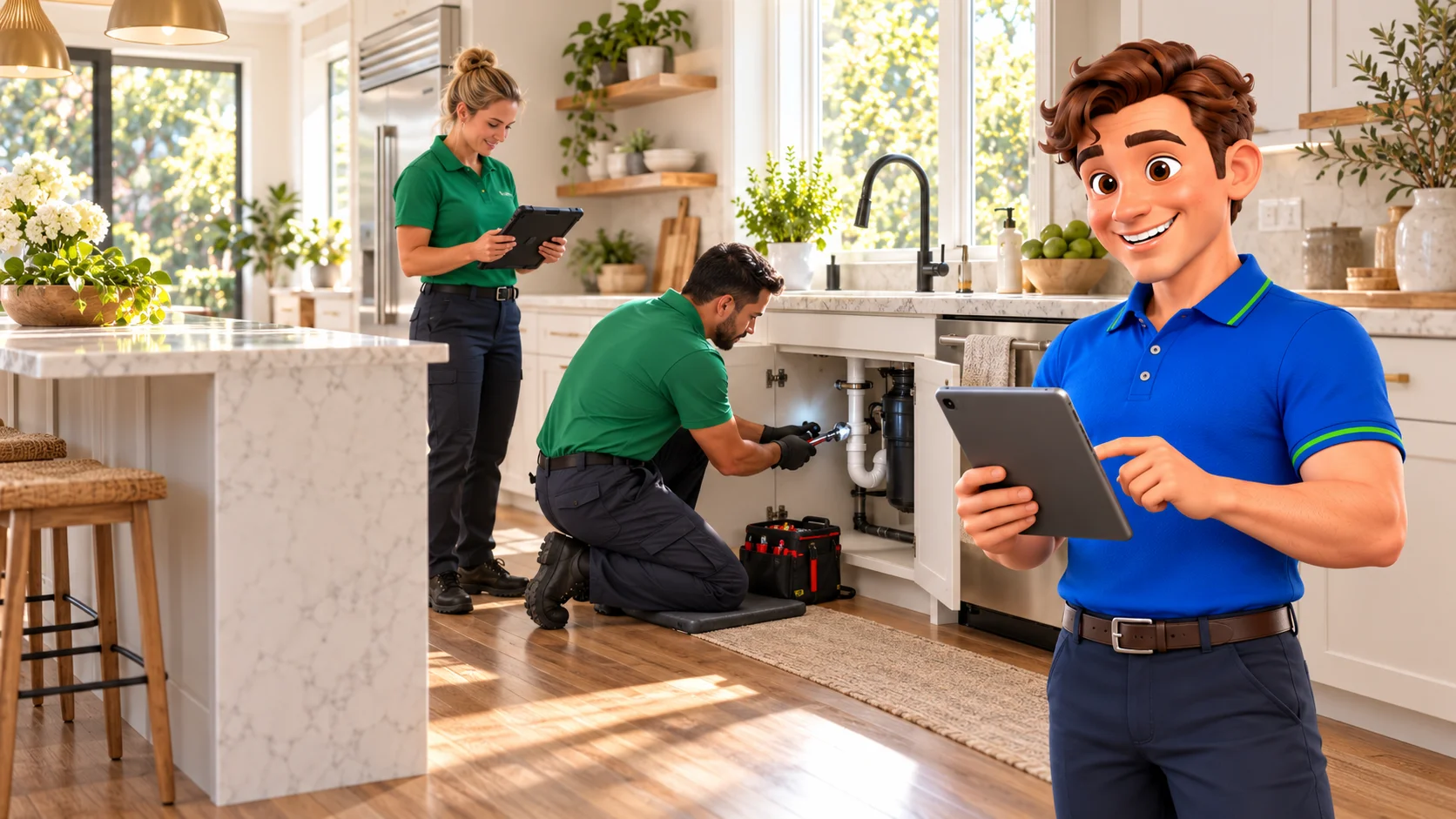Clark with professional plumbers inspecting kitchen sink plumbing