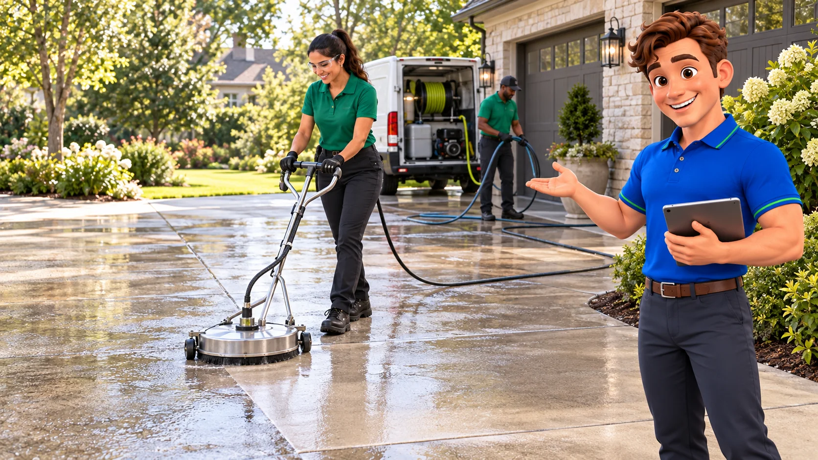 Clark with a pressure washing crew cleaning a residential driveway