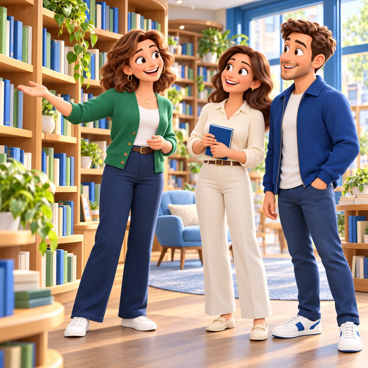 3D illustration of a bookshop owner showing prospective franchise buyers around her business