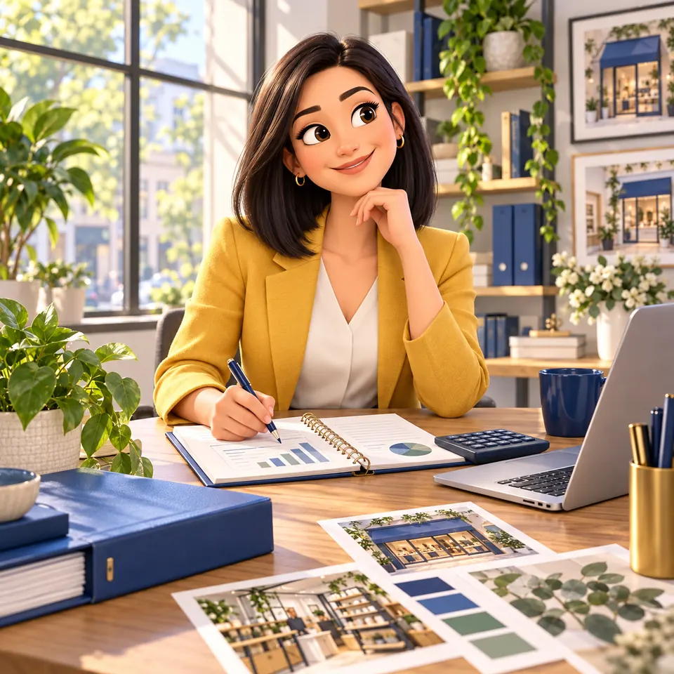 3D illustration of a founder in a mustard blazer reviewing a franchise budget at her retail office desk