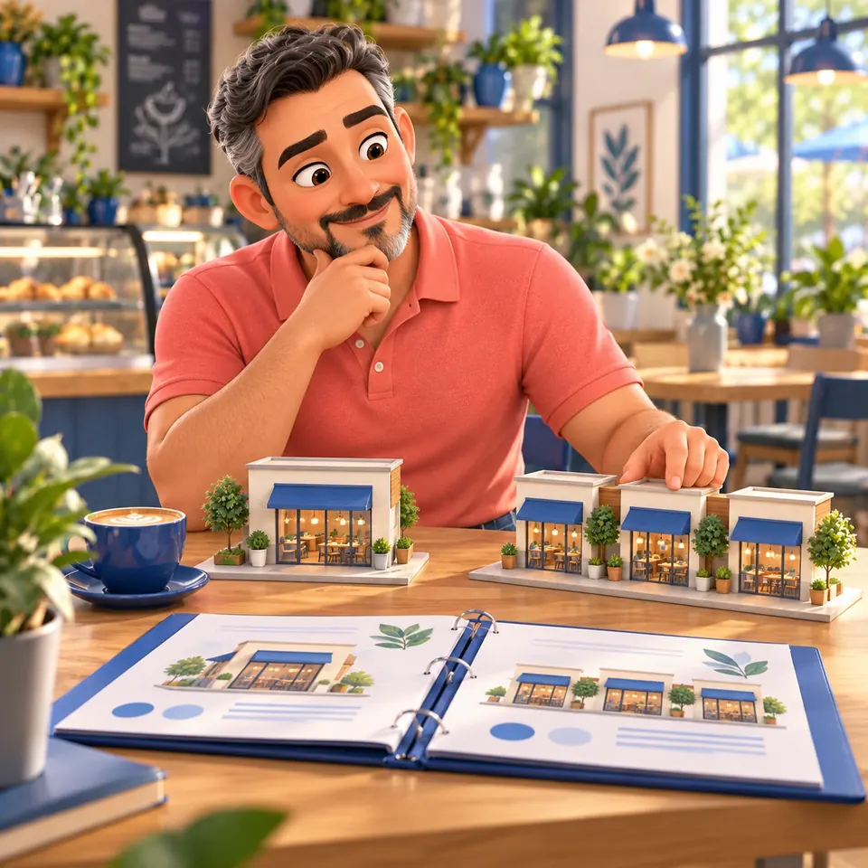 3D illustration of a café owner comparing a single new storefront with a wider network of storefront models