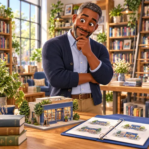 3D illustration of a bookshop founder in a navy cardigan considering a model of his established store
