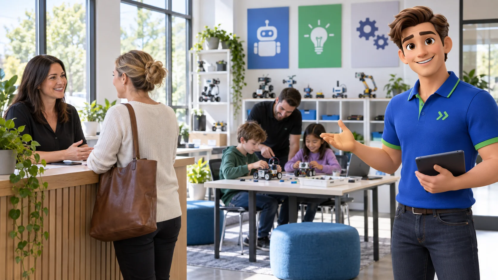 Clark with an independent robotics education business owner and customer in a bright robotics education center with real owner and parent chatting