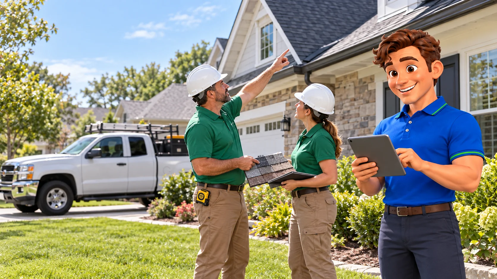 Clark beside roofing contractors reviewing roof samples outside a home with a new shingle roof