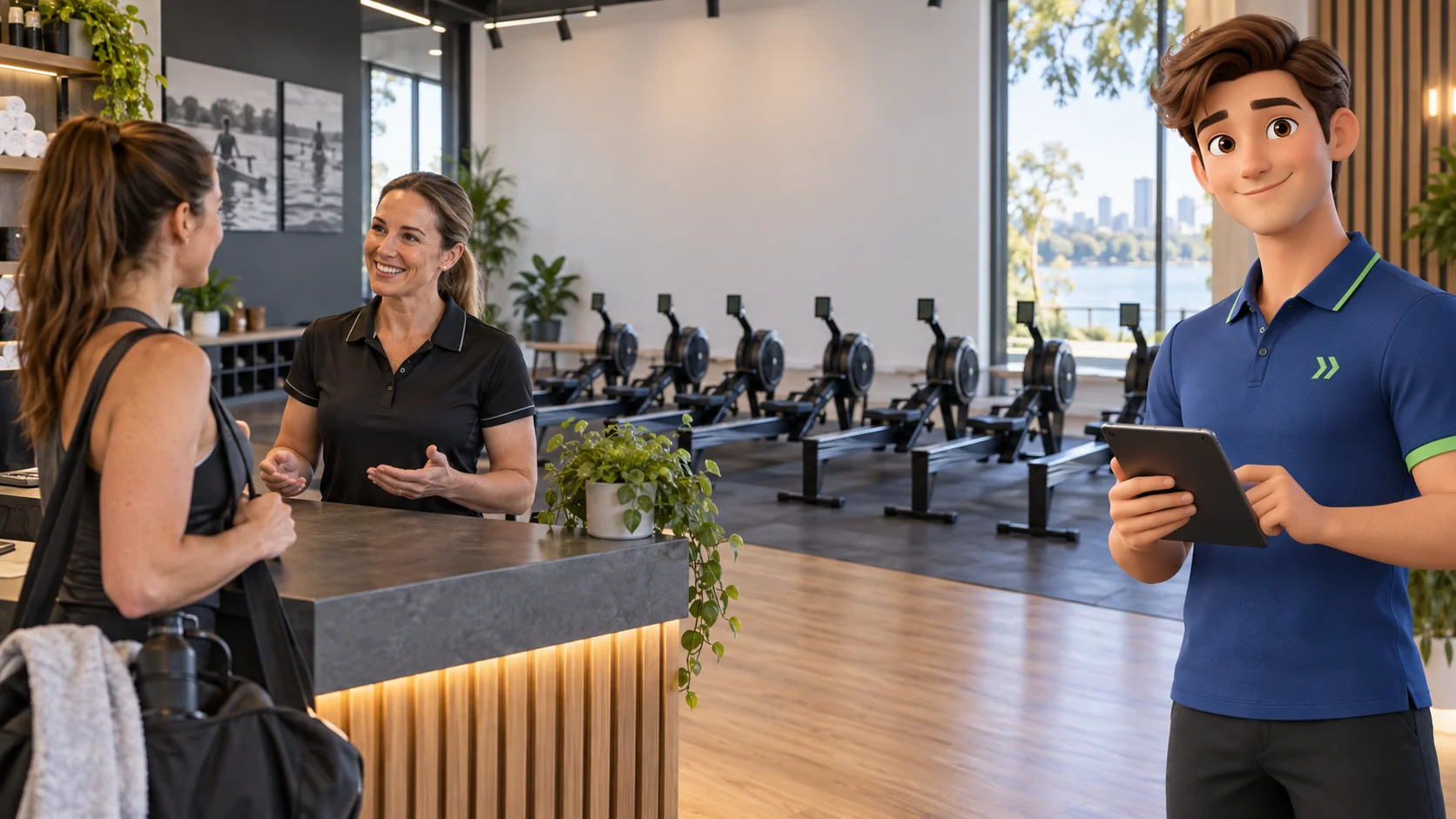 Clark with an independent rowing studio owner and customer in a bright independent indoor rowing fitness studio with real owner and adult member chatting beside clear rows of rowing ergometers