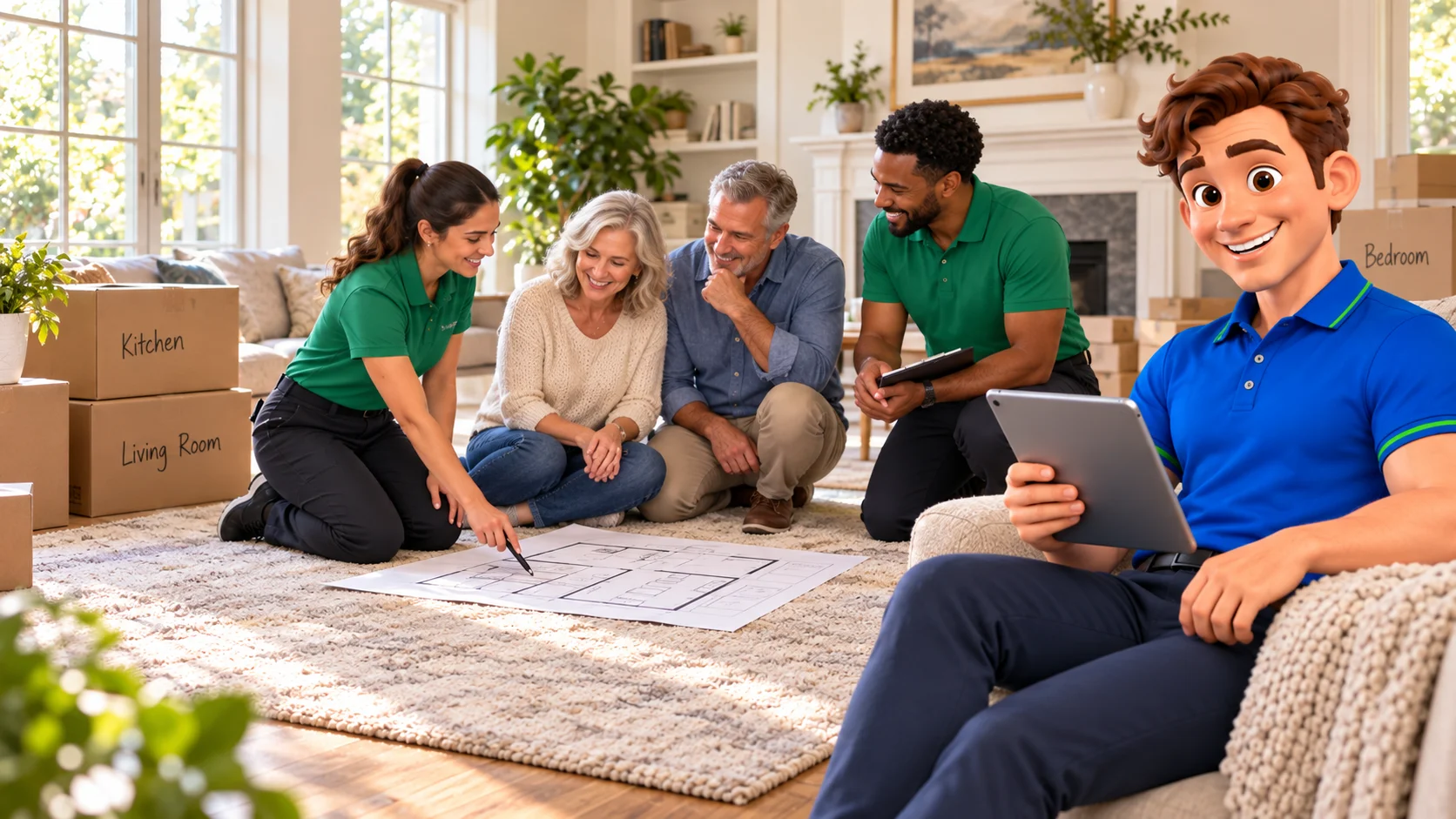 Clark with relocation coordinators helping an older couple review a room layout and moving boxes