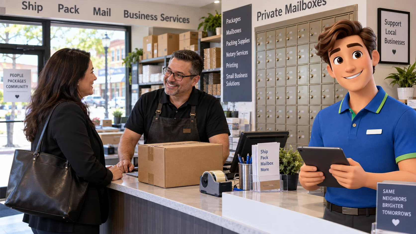 Clark with a shipping center owner and customer at a counter with plain cardboard boxes and mailbox wall in a bright shop, no carrier logos
