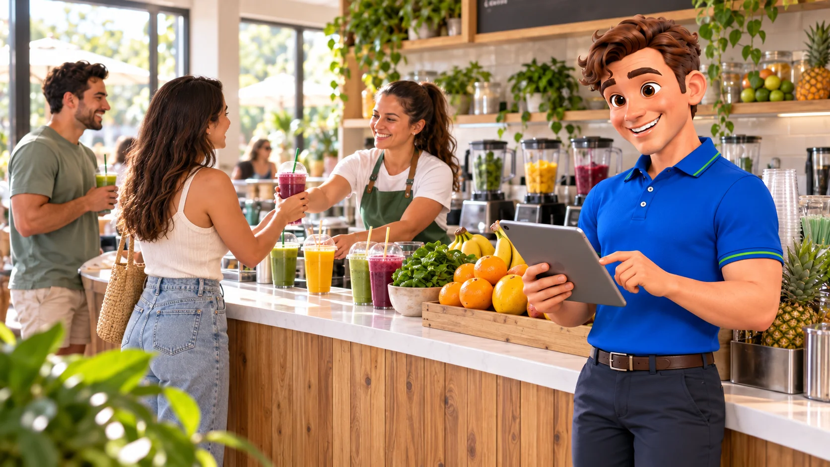 Clark with restaurant staff and guests at smoothie and juice bar premises