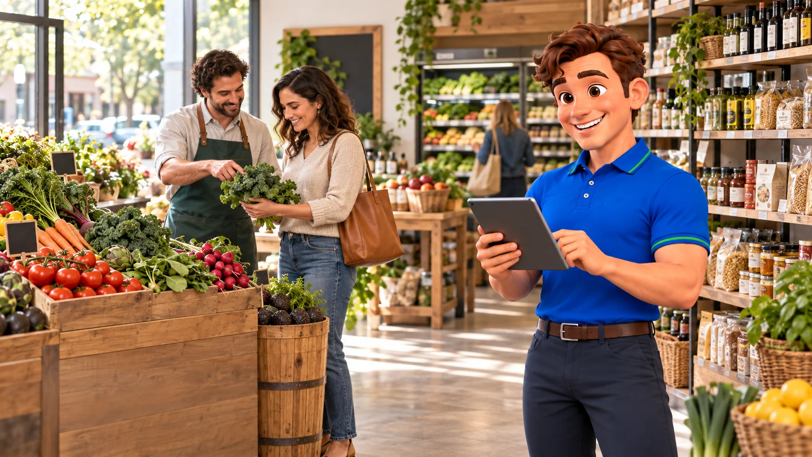 Clark with a grocer helping a shopper choose fresh vegetables