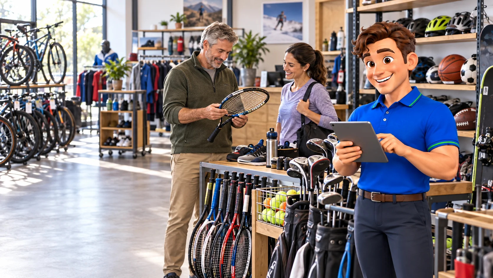 Clark with a sports resale shopkeeper examining a tennis racket