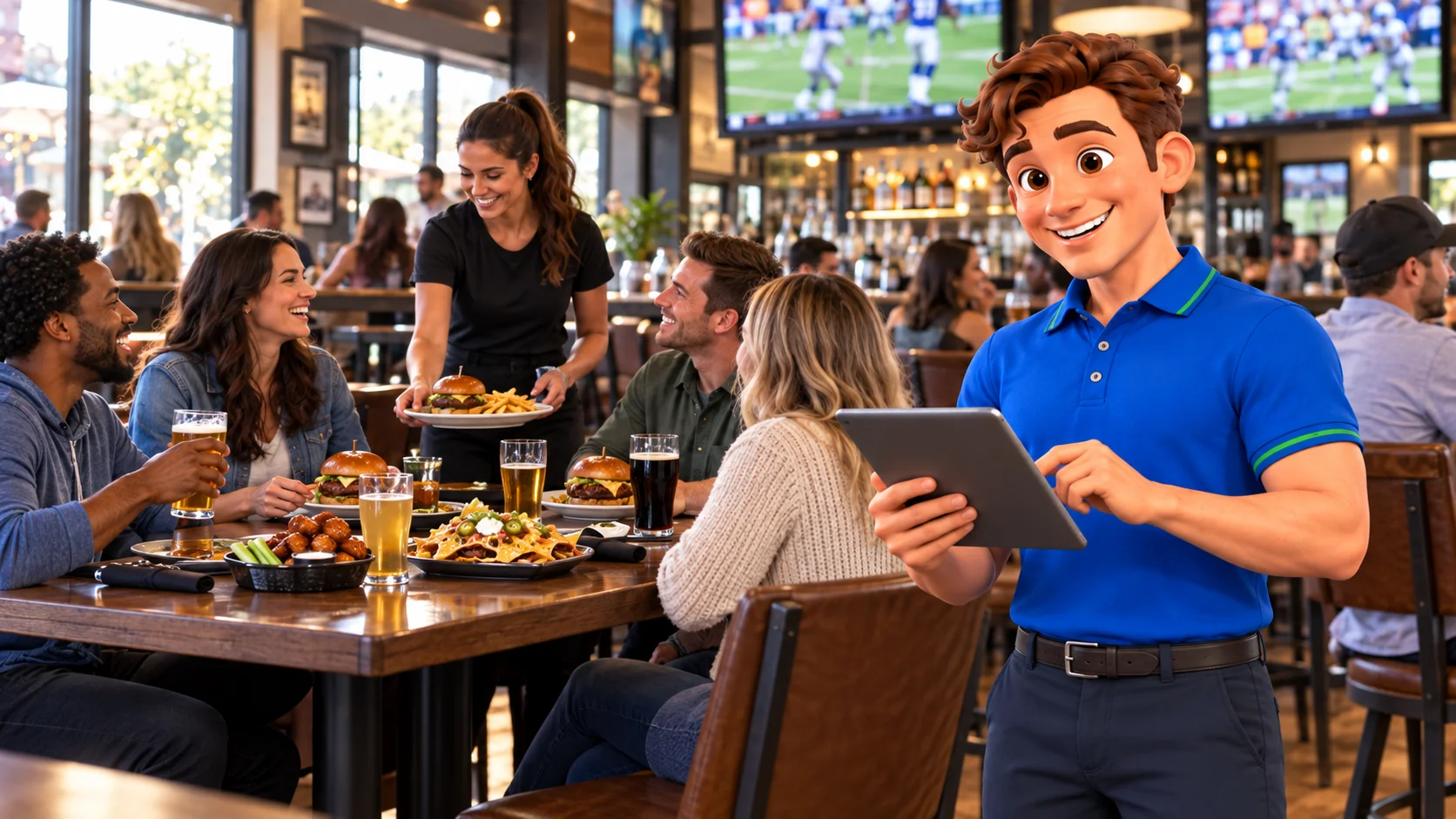 Clark with restaurant staff and guests at sports bar and grill premises