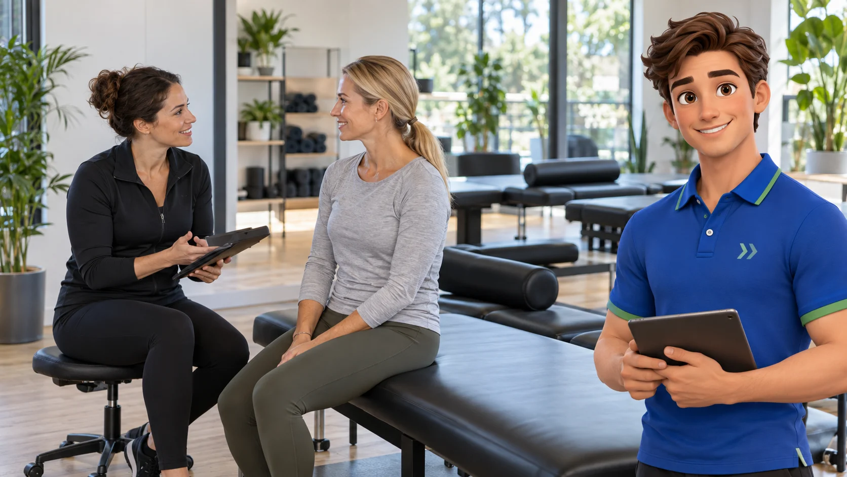 Clark with a stretch studio owner consulting with a fully clothed adult client seated beside a padded stretching bench