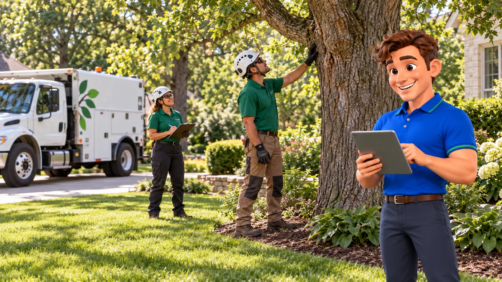 Clark with helmeted tree care professionals inspecting a mature tree beside a service truck