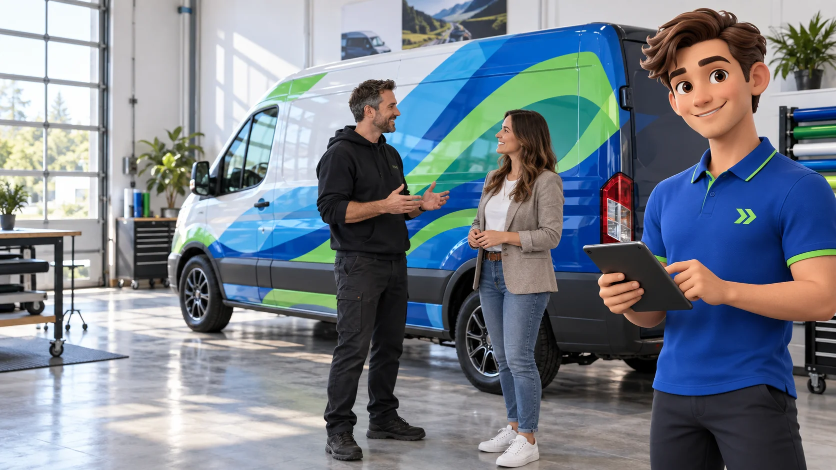 Clark with an independent vehicle wrap business owner and customer in a premium independent vehicle wrap studio with real owner and commercial client talking beside van with abstract blue green graphics without text