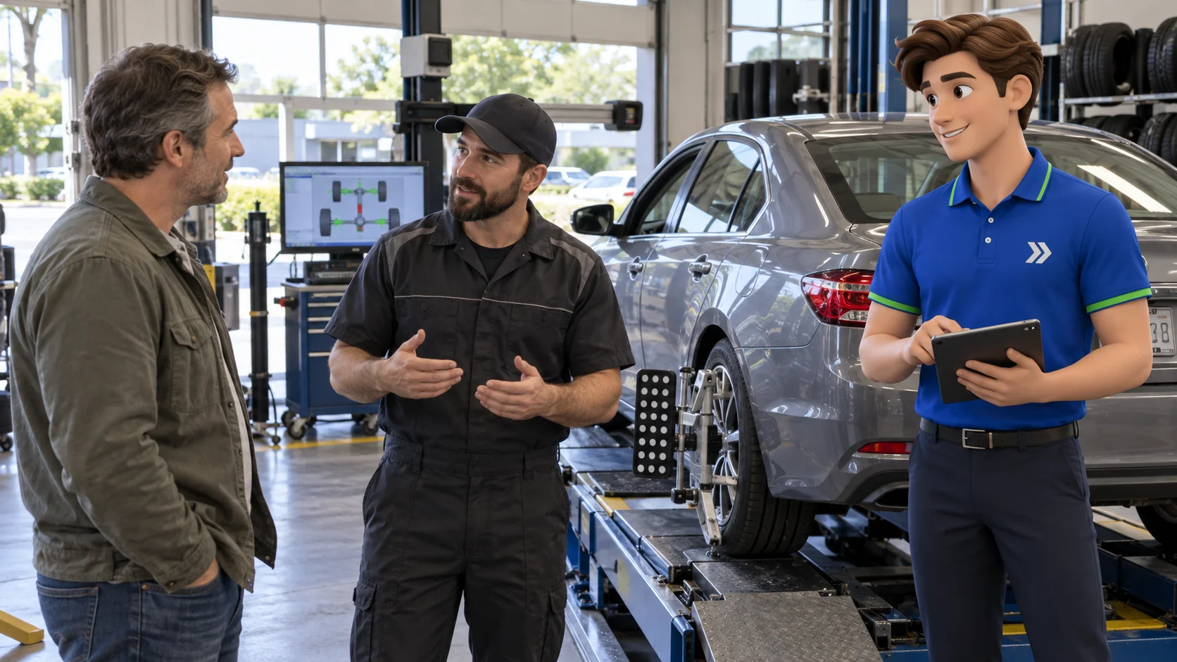 Clark with an independent wheel alignment business owner and customer in a clean independent wheel alignment workshop