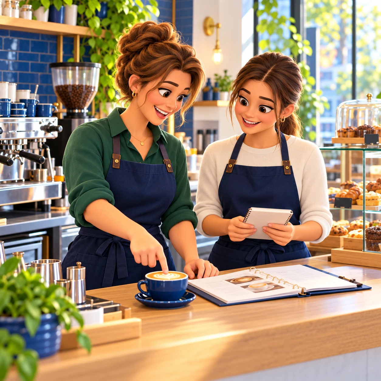 3D illustration of café owner teaching a team member the service standards behind her business