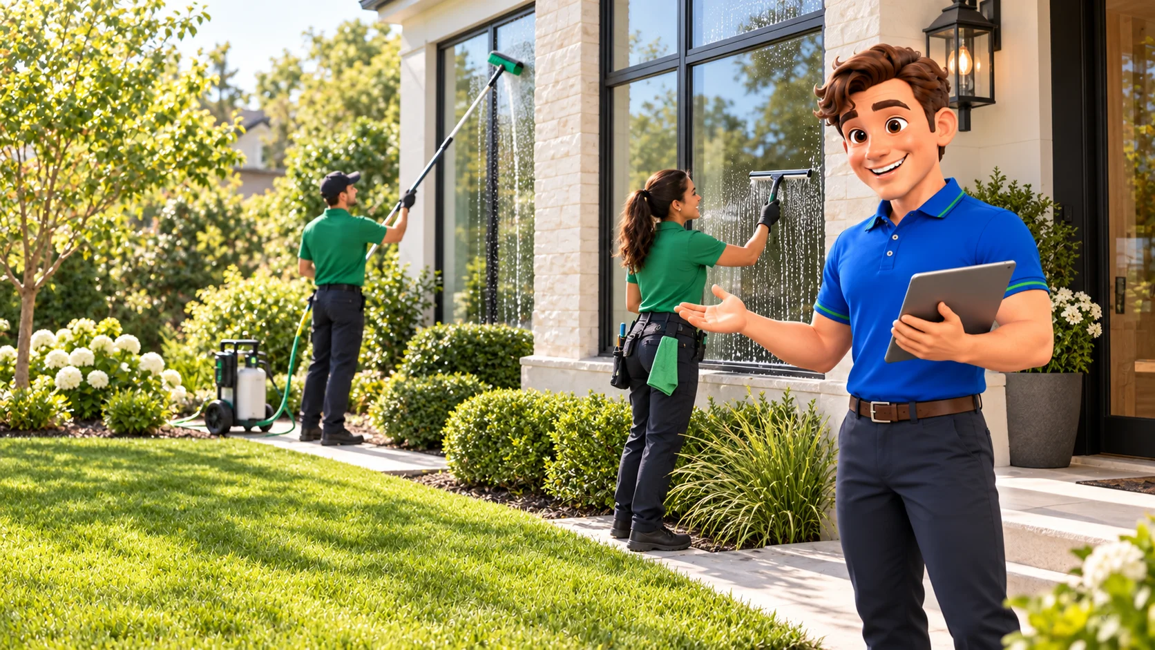 Clark with window cleaners working on a home’s exterior glass