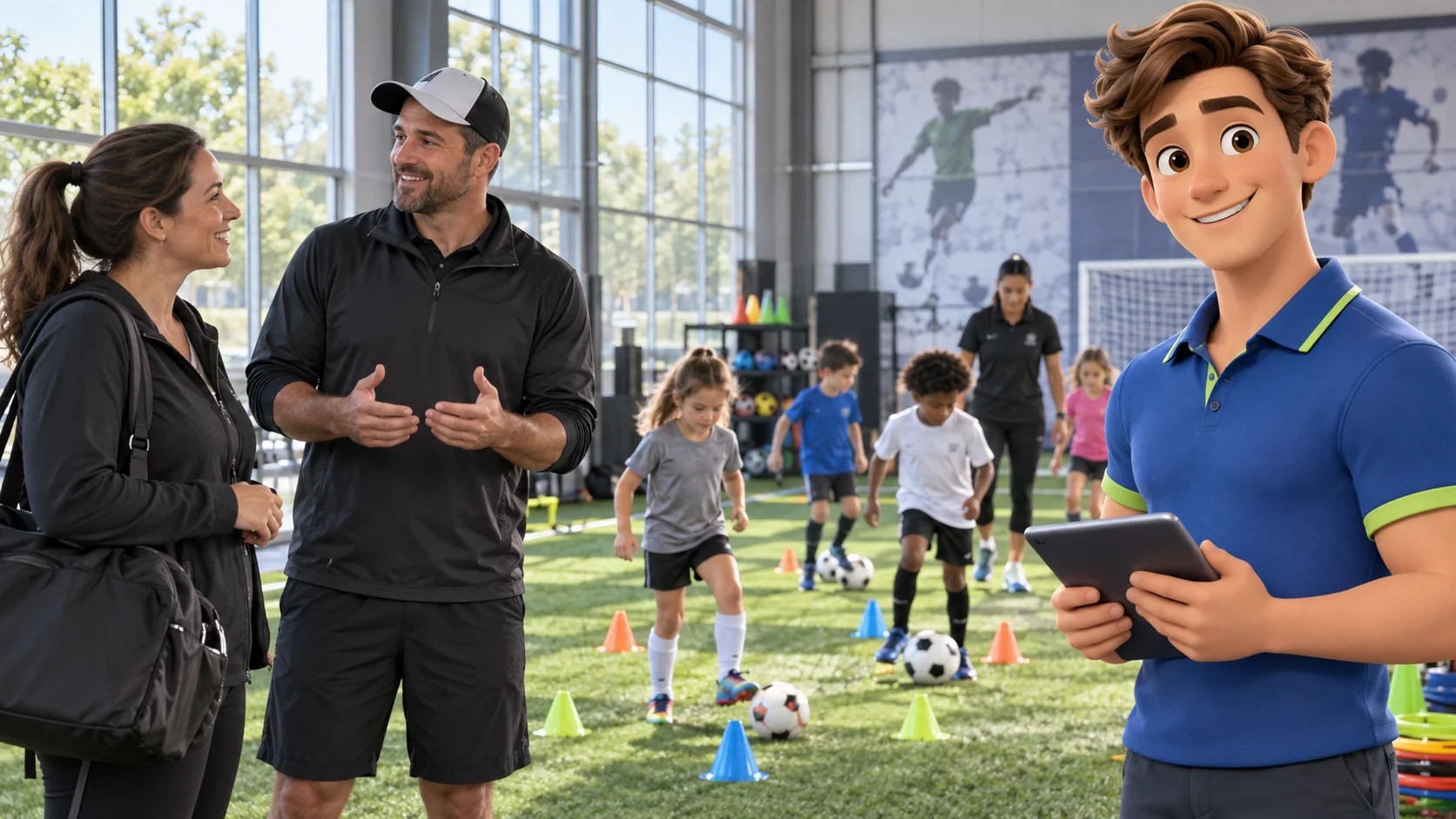 Clark with a youth sports program owner and parent beside a community field, supervised children practicing with soft training cones in background